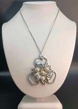 Vintage Rose Flower Pendant Necklace Dimensional Silver Tone Lightweight 20.5"
