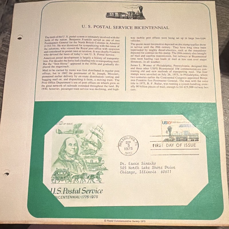 U.S. FDC U.S. Postal Service Bicentennial 10c 1975 Green/White First Day