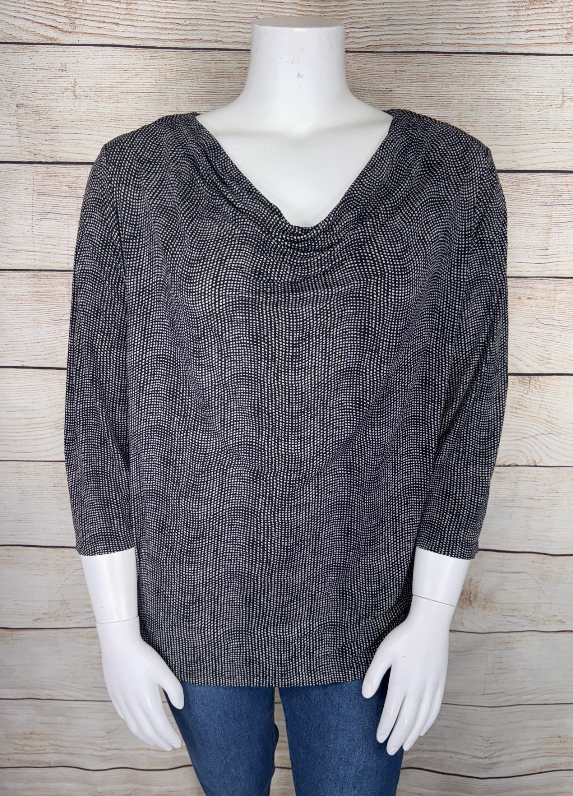Liz Claiborne Woman 2X Black White Polka Dot Drape Neck 3/4 Sleeve Blouse EUC