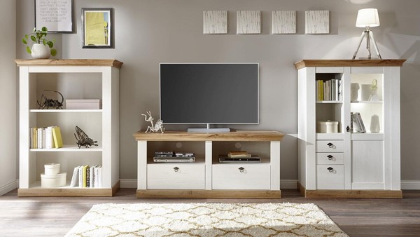 Wohnwand Landhaus In Pinie Weiß Und Wotan Eiche 3-Tlg Anbauwand Wohnzimmer Set-image