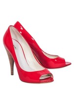 ✨$1299 Aesthetic MIU MIU Prada Red Patent Leather Wooden High Heels Open Toe 8.5