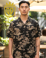 Pau Hana Hawaii Mens L Hawaiian Shirt Black Multicolor Floral Short Sleeve