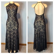 Vtg Deb Y2K Prom Dress Sz XS Fairy Grunge Whimsigoth Black Lace V Back Event
