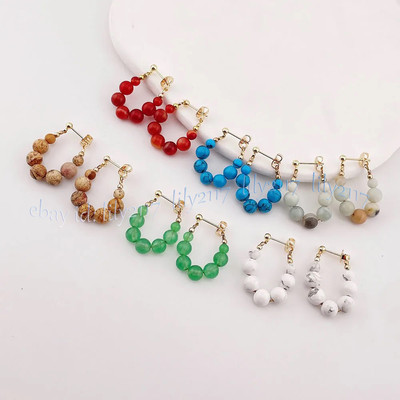 4-6mm Natural Multicolor Gemstone Round Beads Circle Dangle Gold Stud Earrings
