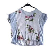 Made in Italy Top Shirt Blouse Womens Sz XL Blue Linen Blend Floral Mixed Media