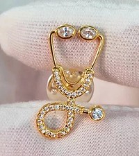 Stethoscope Doctor Brooch Pin 3CT Round Cut Simulated Diamond Gold Over Silver