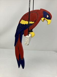 Vintage Wood Hand painted carved Hanging Parrot Macaw On Perch Bird  Folk Art