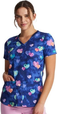 Womens Dickies EDS scrubs top v-neck print dk876 size S hippie hearts