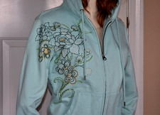 Rare Vintage Y2K Lucky Brand Seafoam Green Floral Embroidered Boho Zip Hoodie S