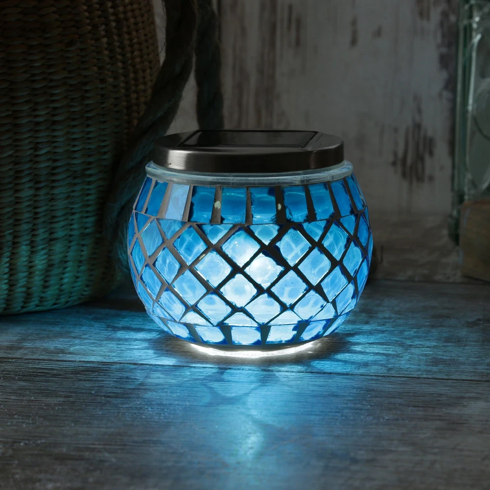 LED Solar Windlicht Mosaik Solarglas Solarleuchte Mosaikleuchte Tischlampe blau - Bild 3 von 4