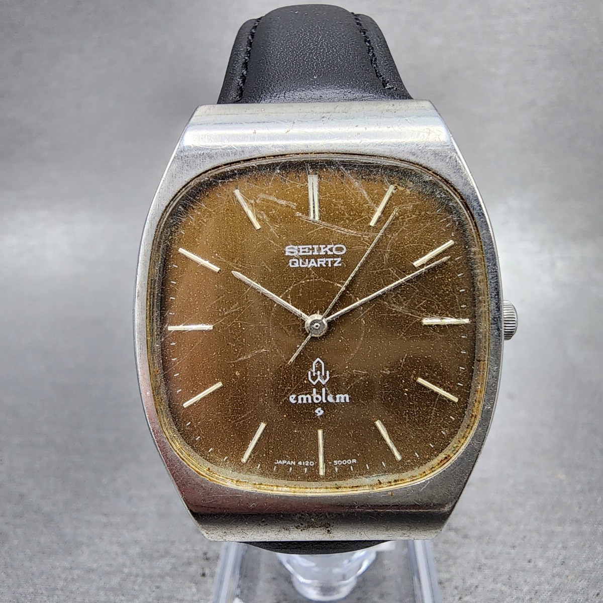 Seiko Emblem Tank Watch Men 32mm Brown Dial Silver Tone Rectangle