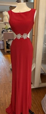 B'Dazzle red evening gown art deco NWOT formal rhinestone, side slit, sz 0