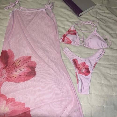 Women's Pink Floral Triangle Halter Bikini 3pc Mesh Cover-Up Skirt Wrap XS