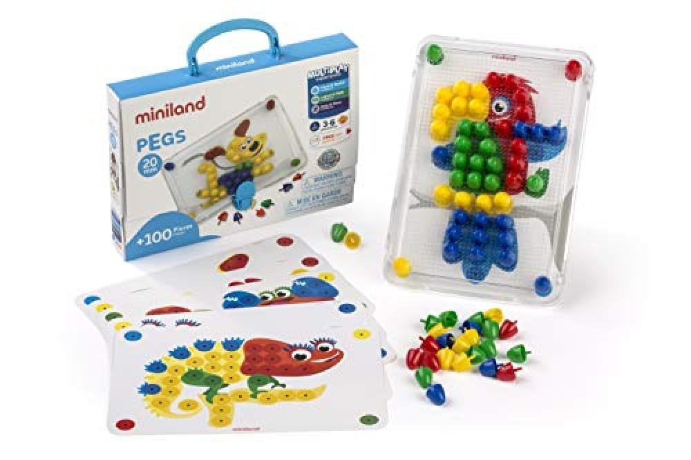 Miniland 8231806 - Mosaico Pegs con tavola, 6 fogli, 100 chiodi - NUOVO