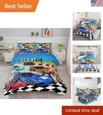 Fun Twin Racing Car Themed Bedding Set for Boys Girls: 1 Comforter 2 Cases