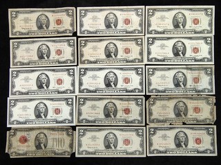 Lot of (15) 1963 & 1963A $2 Red Seal Notes Jefferson US Currency