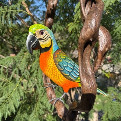 Tropical Hanging Parrot Statue Wooden Hand-Crafted Tiki Bar Decor 16''