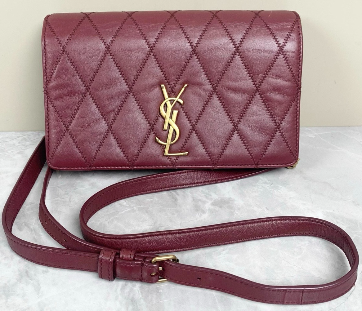 YSL Saint Laurent Wine Red Diamond Logo Shoulder Crossbody Bag for Women