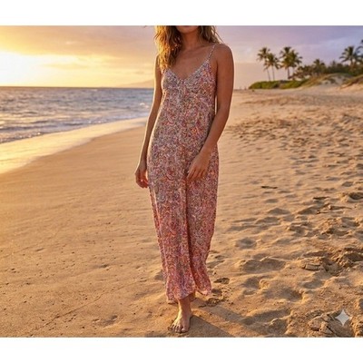 Lovestitch Paisley Maxi Dress Natural Red Multi V-Neck Adjustable Straps M/L NEW