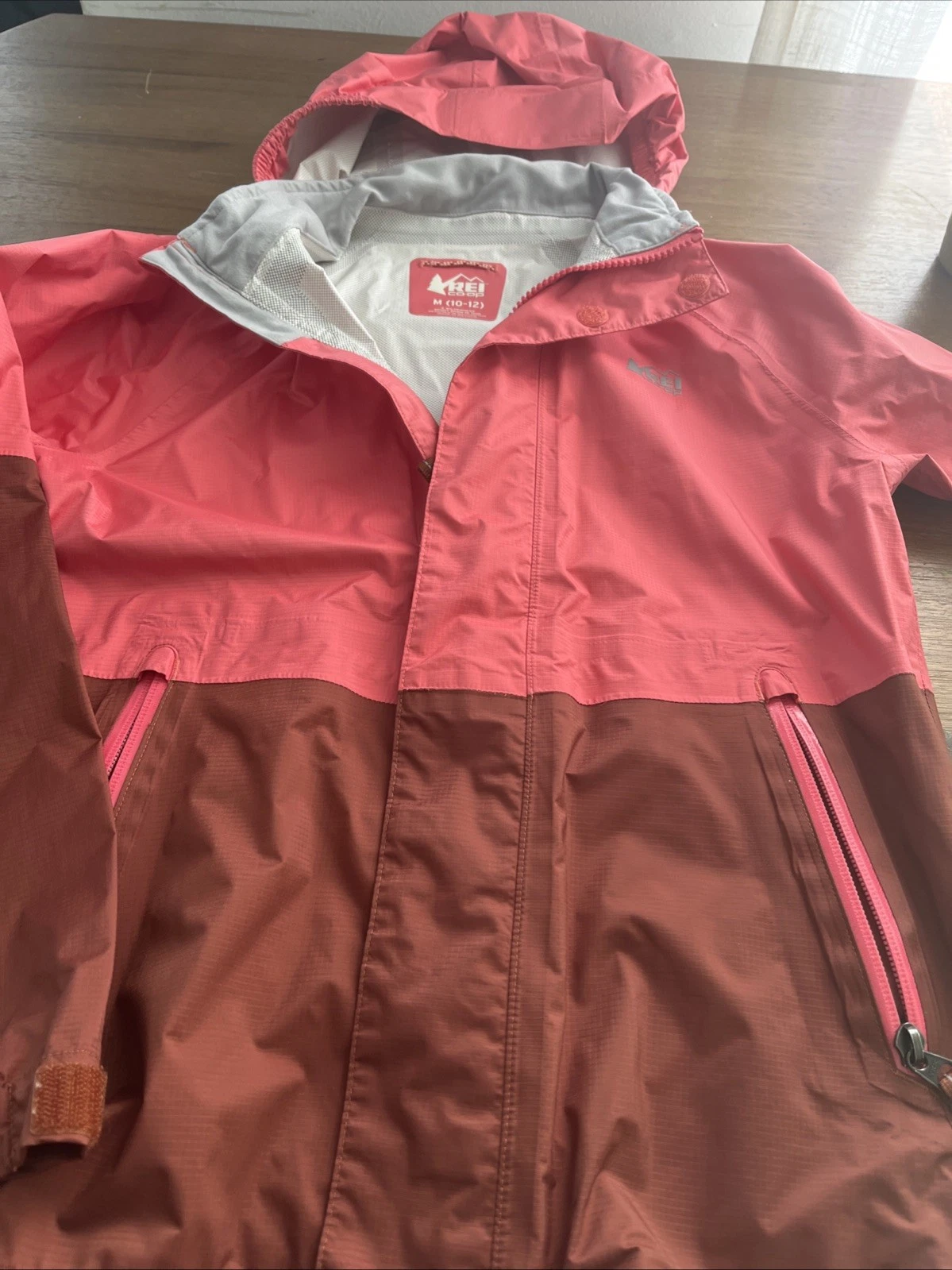 REI Co-Op Girls' Rain Jacket Medium 10-12 Pink Brown Hooded Full Zip Rain Coat