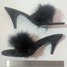 BLK Satin Marabou 50s Boudoir Pin Up Drag Queen Heels Woman Shoe size 15 =men 13