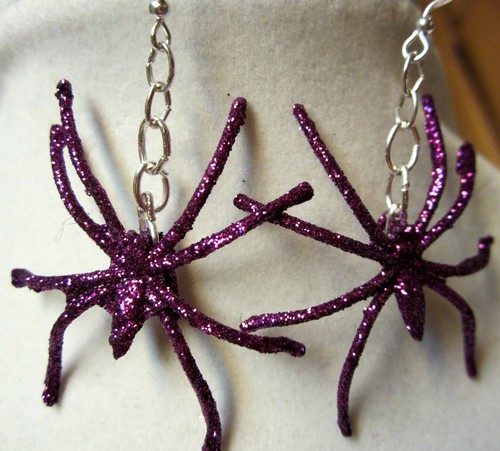 PURPLE GLITTER SPIDER 925 EARRINGS Halloween Handcrafted USA Nora"s - Picture 3 of 4