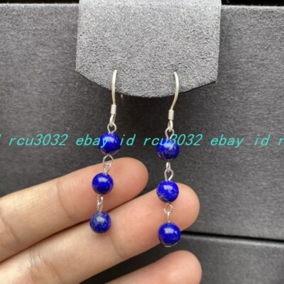 Fashion Natural 6mm Blue Lapis Lazuli Round Beads Dangle Hook Earrings