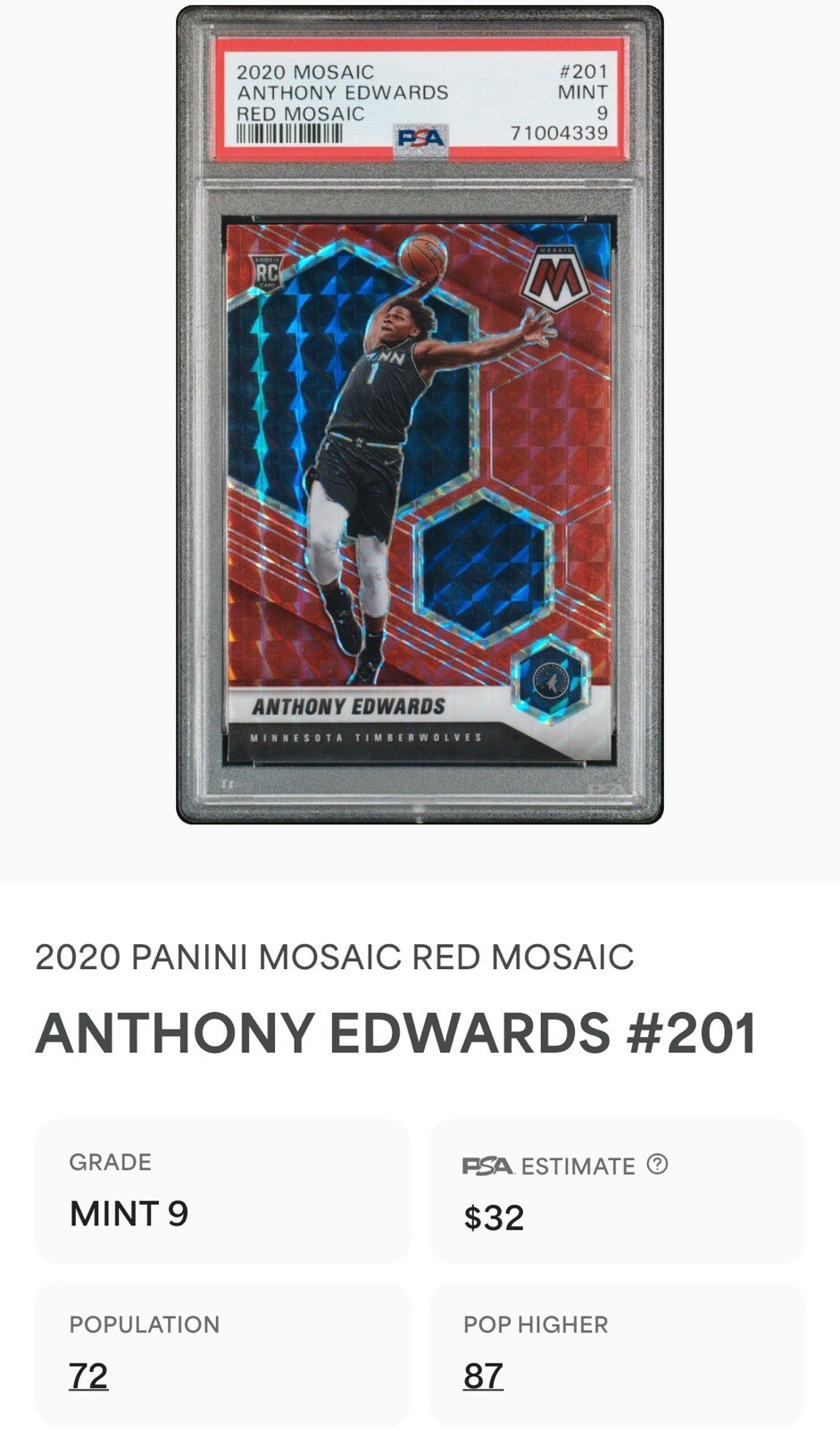 2020-21 Mosaic #201 Anthony Edwards Red Mosaic Timberwolves Rookie PSA 9 MINT