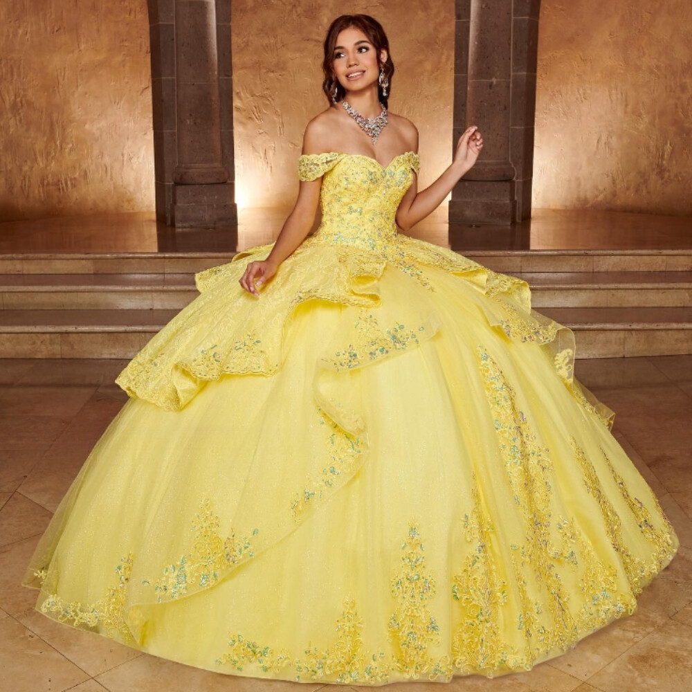 Yellow Princess Quinceanera Dresses Off Shoulder Applique Bow Tulle Ball  Gown US