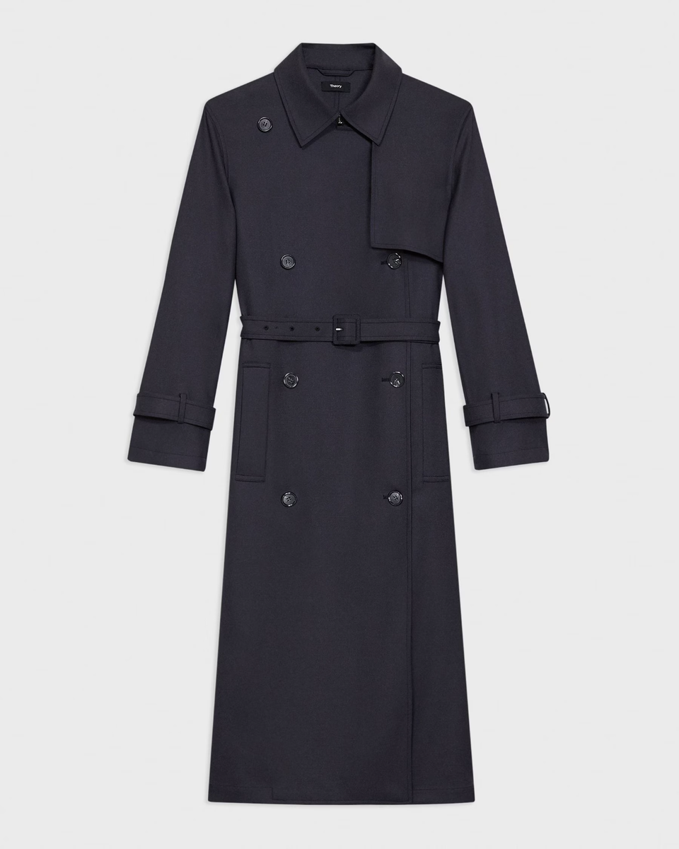 NEW Theory Relaxed Trench Coat in Stretch Flannel in dark navy Sz