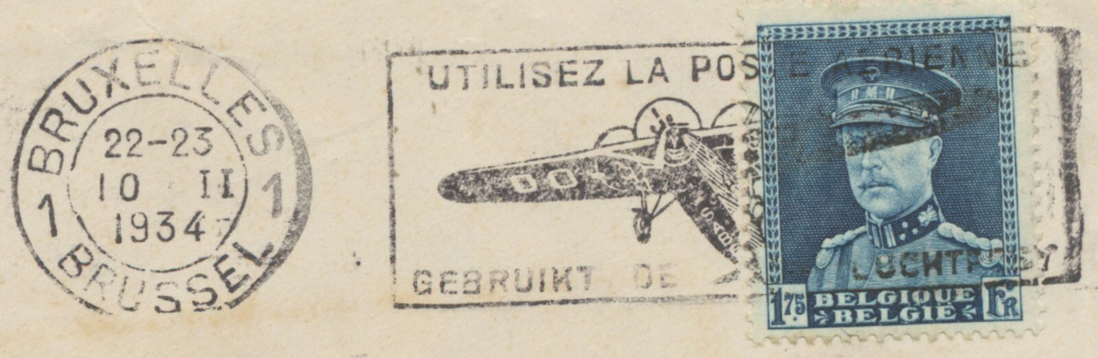Belgium 1934 King Albert I 1.75 Fr. EF Letter BRUSSELS GEBRUIKT DE LUCHTPOST