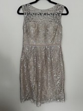 Jenny Yoo Beige & Silver Harlow Metallic Cocktail Lace Dress Size 4