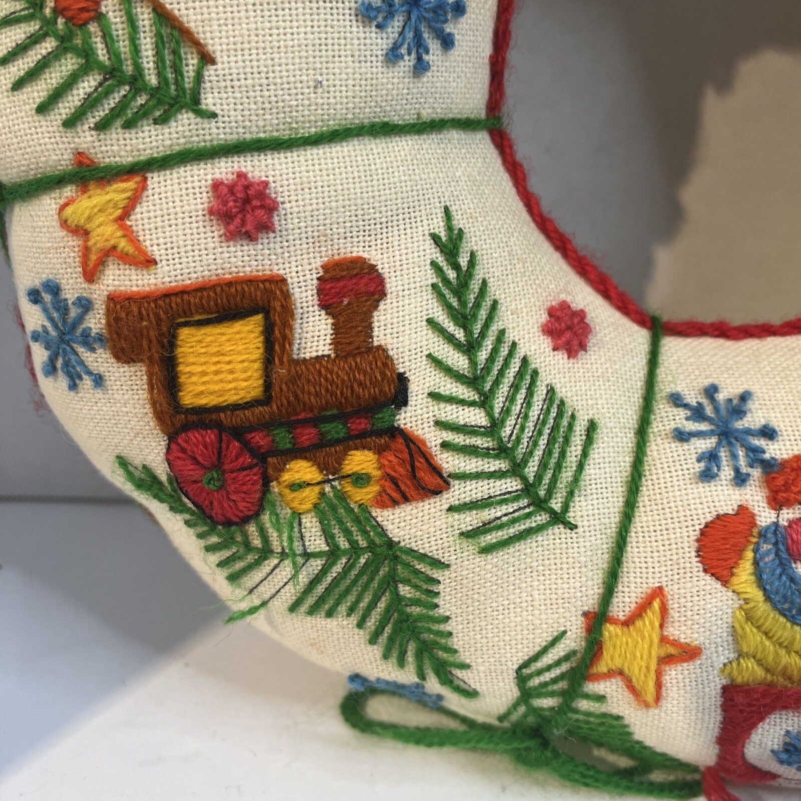 Christmas Wreath Stuffed Fabric Handmade Stitchery Crewel Train Teddy