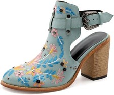 Women's Floral Embroidery Ankle Boots Buckled Backless Western Vintage Wooden