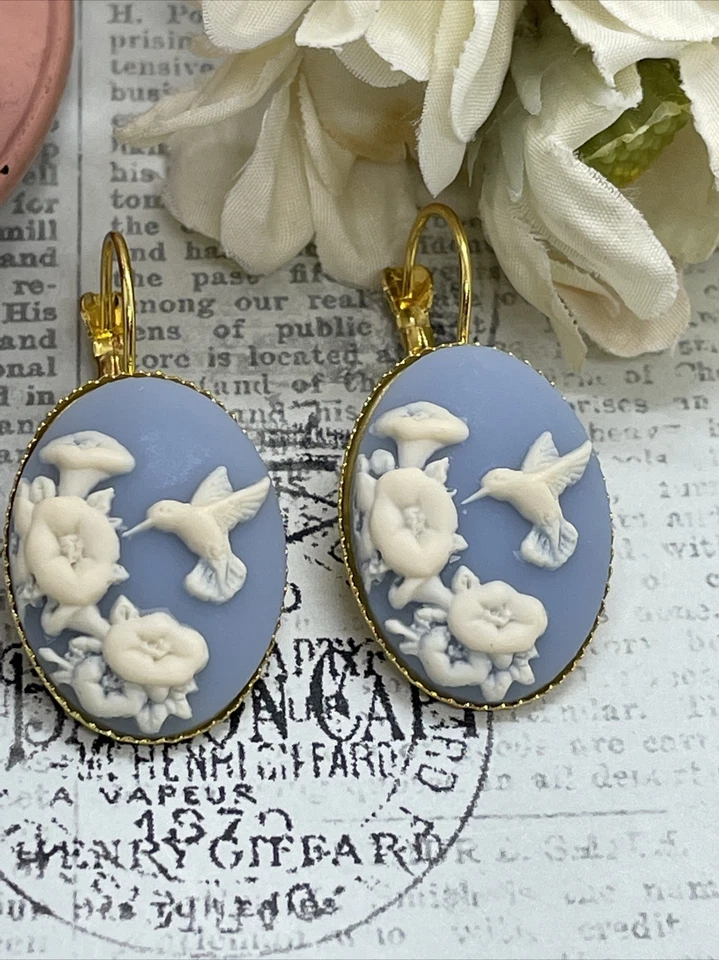 Pendientes camafeo cumpleaños azul crema colibrí dorado boda ajuste aniversario Foto 2 de 4