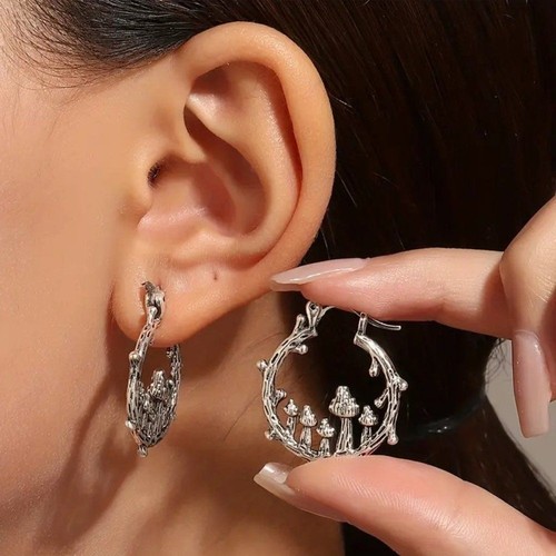 Vintage Style Antique Silver Bohemian Mushroom Hoop Earrings Mushroomcore NEW - Picture 3 of 5
