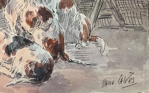 MARIE DIDIÈRE CALVÈS AQUARELLE ORIGINALE LES CHIENS DEVANT LA CHEMINÉE - Picture 4 of 5
