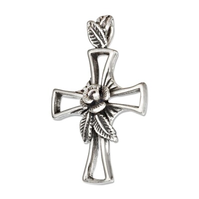 Christian Cross with Rose Flower 925 Solid Sterling Silver Pendant MADE ...