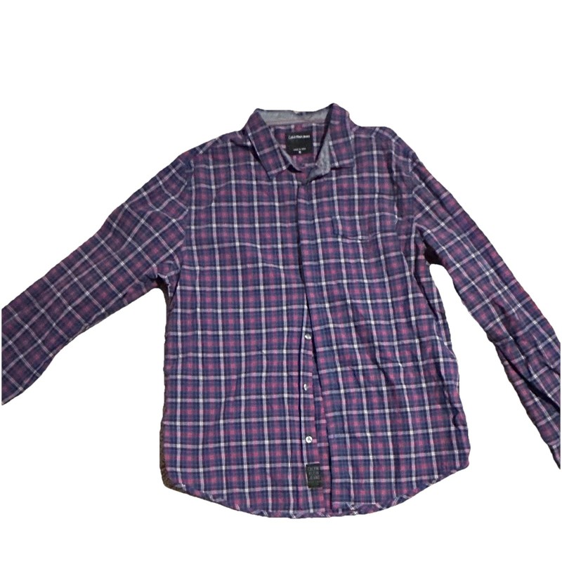 Calvin Klein Jeans Men's Red/Blue Plaid Flannel Button-Up Shirt Pockets XL