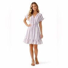 Chelsea & Violet Womens Dress V Neck Striped Purple White Linen Ruffle Med NWT