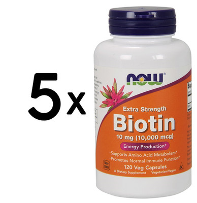 5 x NOW Foods Biotin, 10mg (Extra Strength)  - 120 vcaps (177,67 EUR/kg)