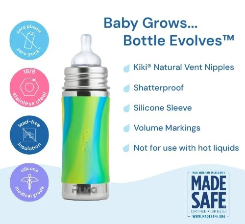 Biberón infantil Kiki de acero inoxidable de 9 oz/275 ml con funda, anticólicos, 100 % plástico... Foto 4 de 4