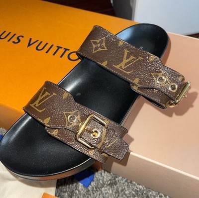Louis Vuitton Buckle Slide Sandals Leather Brown Black Gold   All Sizes!!!