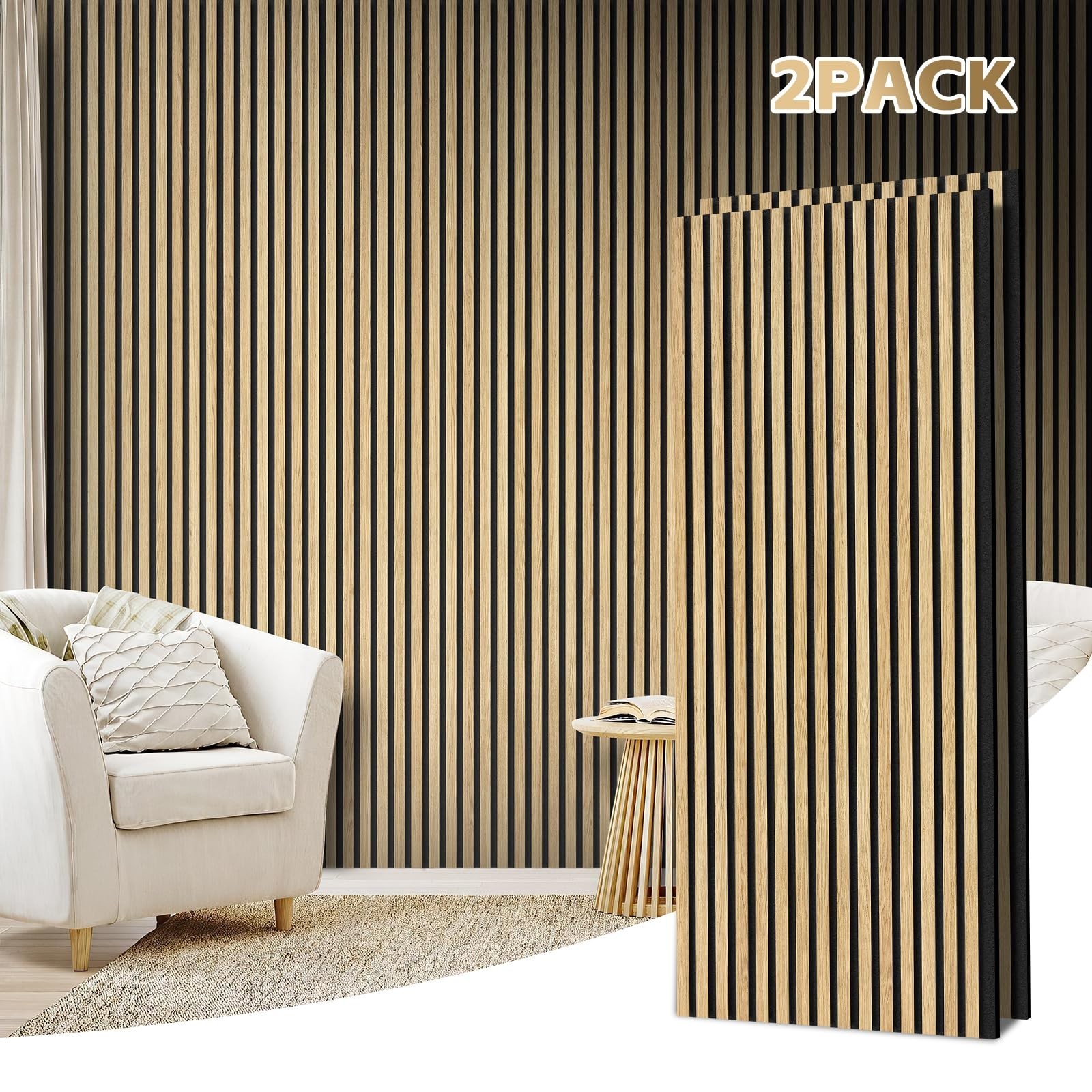 2-Pack 3D Wood Slat Acoustic Panels – Soundproofing & Noise-Absorbing Wall