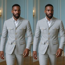 Gray Men's Suits Safari Jacket Formal Wedding Casual Outdoor Hunting Coat Pant