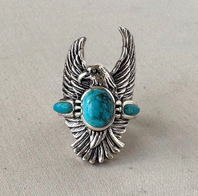 BBJ Southwestern Style Sterling Silver & Turquoise EAGLE Ring Size 5;Y785