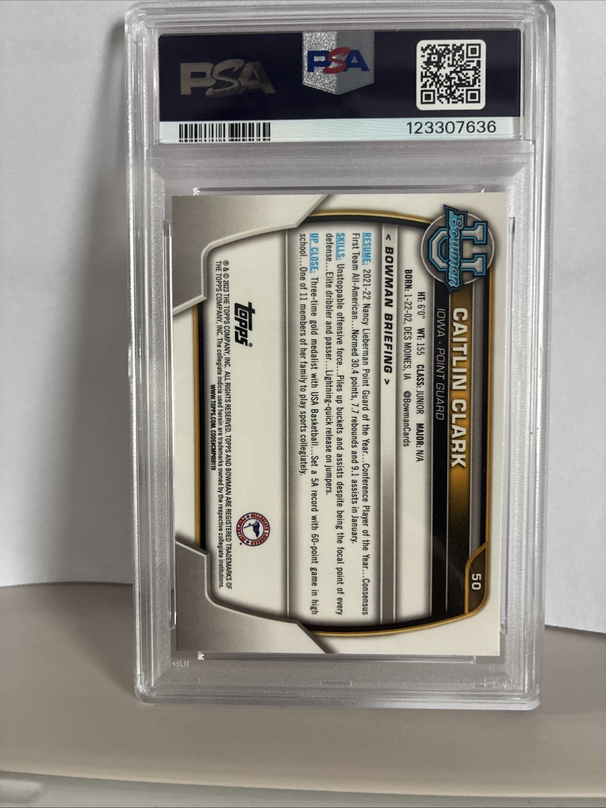 2022-23 Bowman University 1st Caitlin Clark #50 Pink Refractor PSA 10 GEM MT view 2