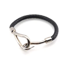 Hermes Jumbo Bracelet Silver Black Leather Hardware Hook Design 7.08in