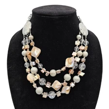 Vintage Statement Piece Stone Beaded Multi Strand Necklace Cream Silver