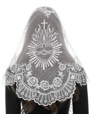Church Mantilla Catholic Veil: White Sacred Heart of Jesus Embroidered Lace C